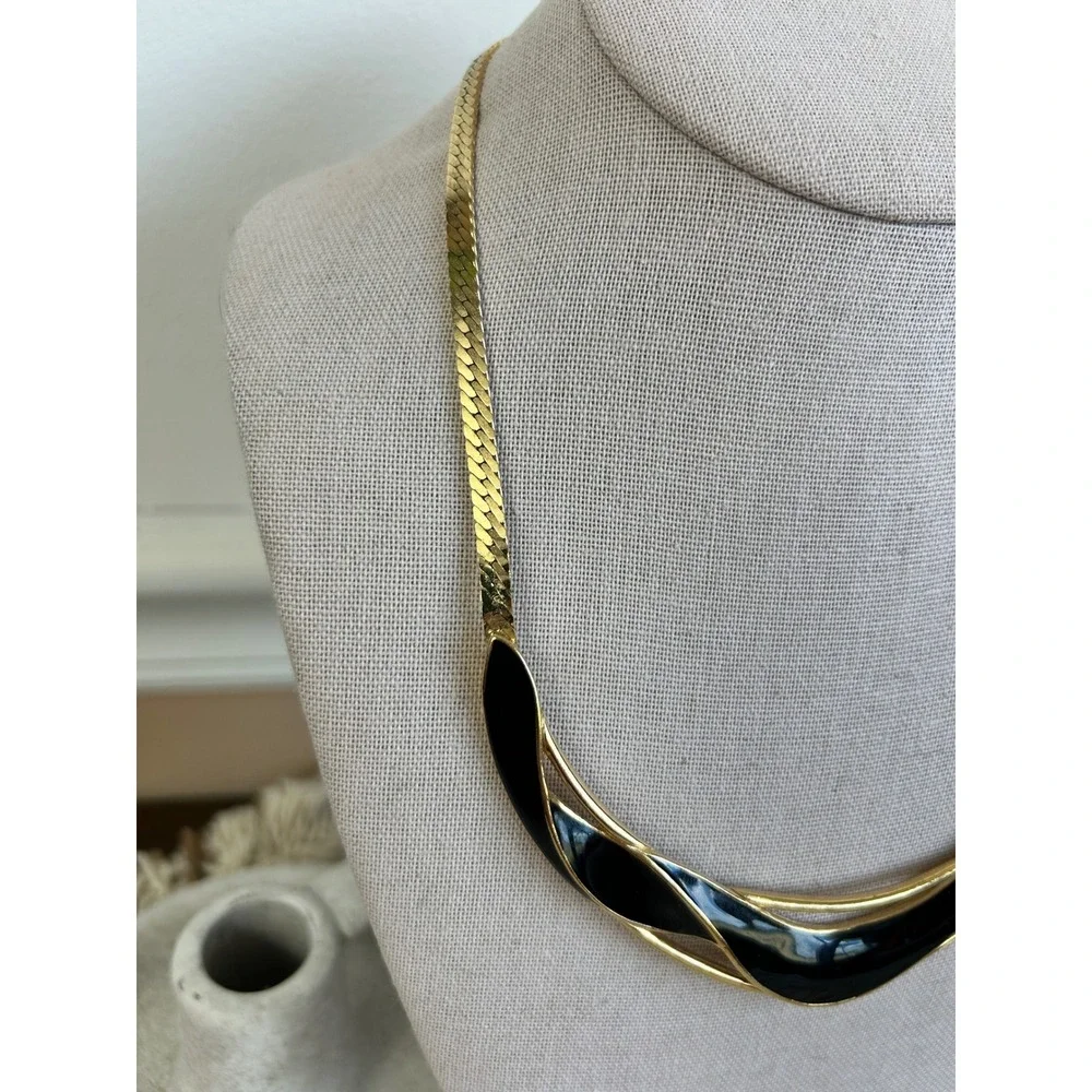 Vintage Napier Gold Tone Black Enamel Modernist Collar Herringbone Necklace